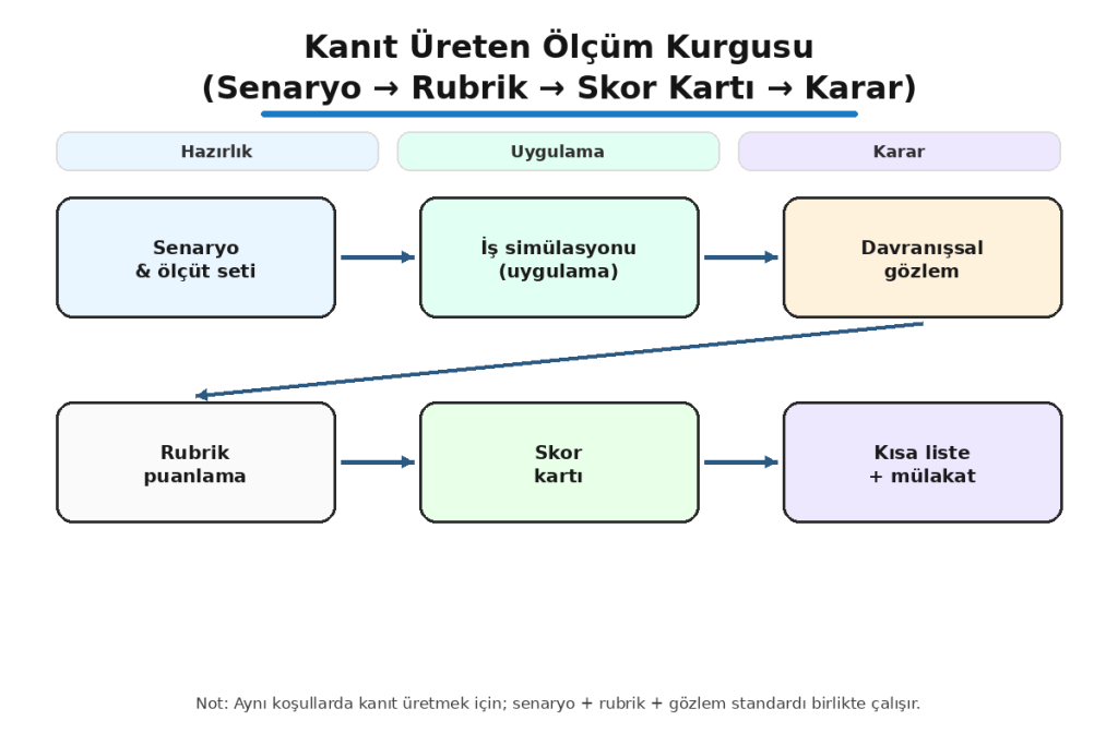işe alımda iş simülasyonu kullanımı kanıt üreten ölçüm kurgusu akış şeması