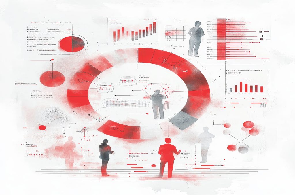 Liderlik simülasyonu planlama delegasyon akışını gösteren soyut veri panosu ve grafikler